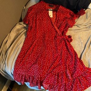 Red polka dot wrap ruffle dress